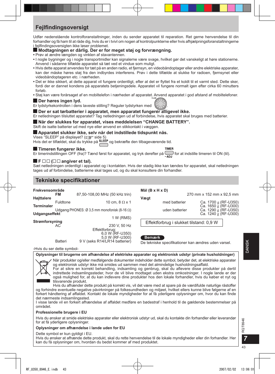 Fejlﬁndingsoversigt, Tekniske speciﬁkationer | Panasonic RFU350 User Manual | Page 43 / 80