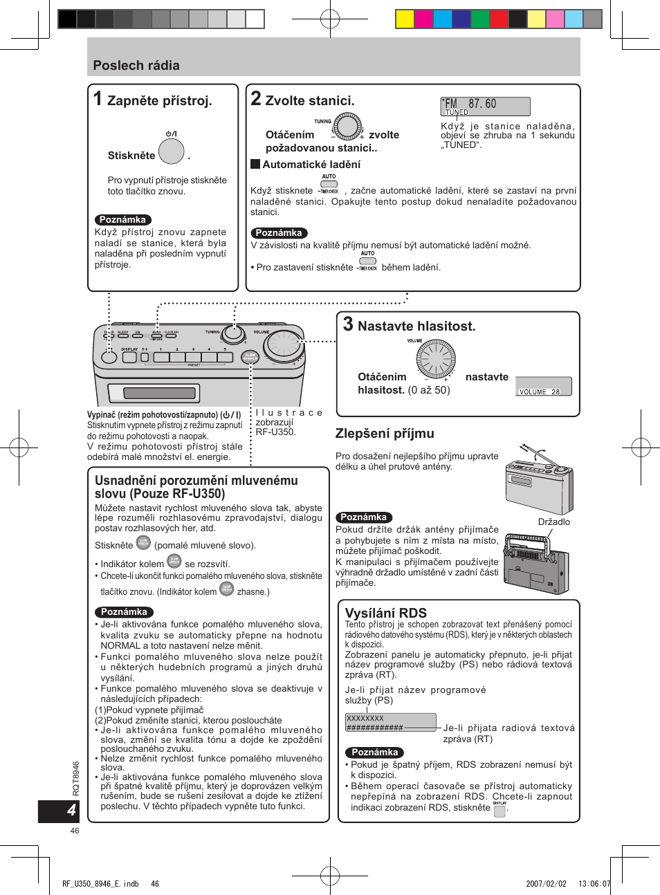 Poslech rádia, Zapněte přístroj, Nastavte hlasitost | Zlepšení příjmu, Zvolte stanici, Vysílání rds | Panasonic RFU350 User Manual | Page 46 / 80