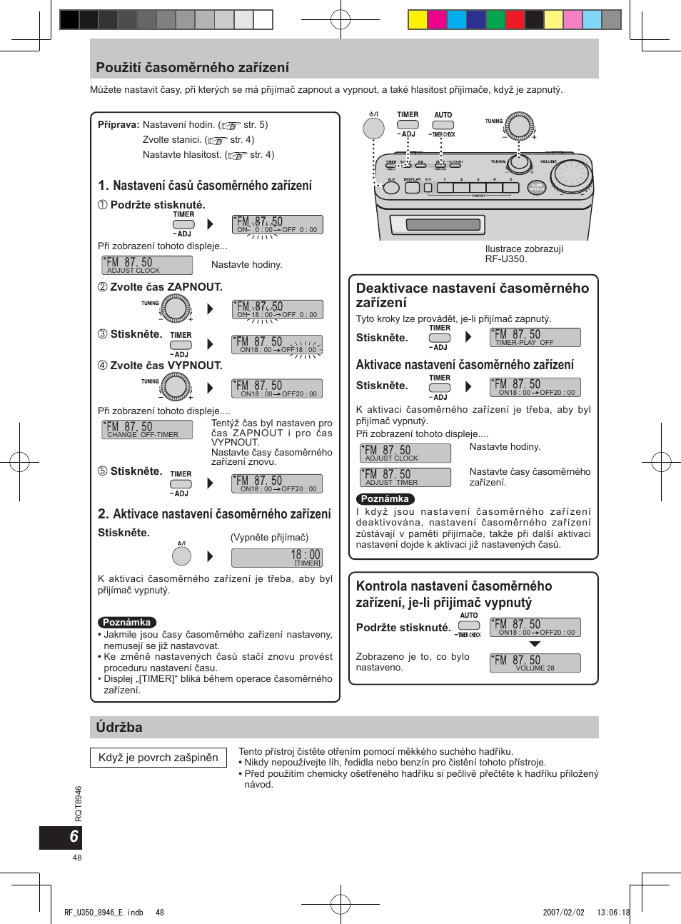 Použití časoměrného zařízení, Údržba, Deaktivace nastavení časoměrného zařízení | Nastavení časů časoměrného zařízení, Aktivace nastavení časoměrného zařízení | Panasonic RFU350 User Manual | Page 48 / 80