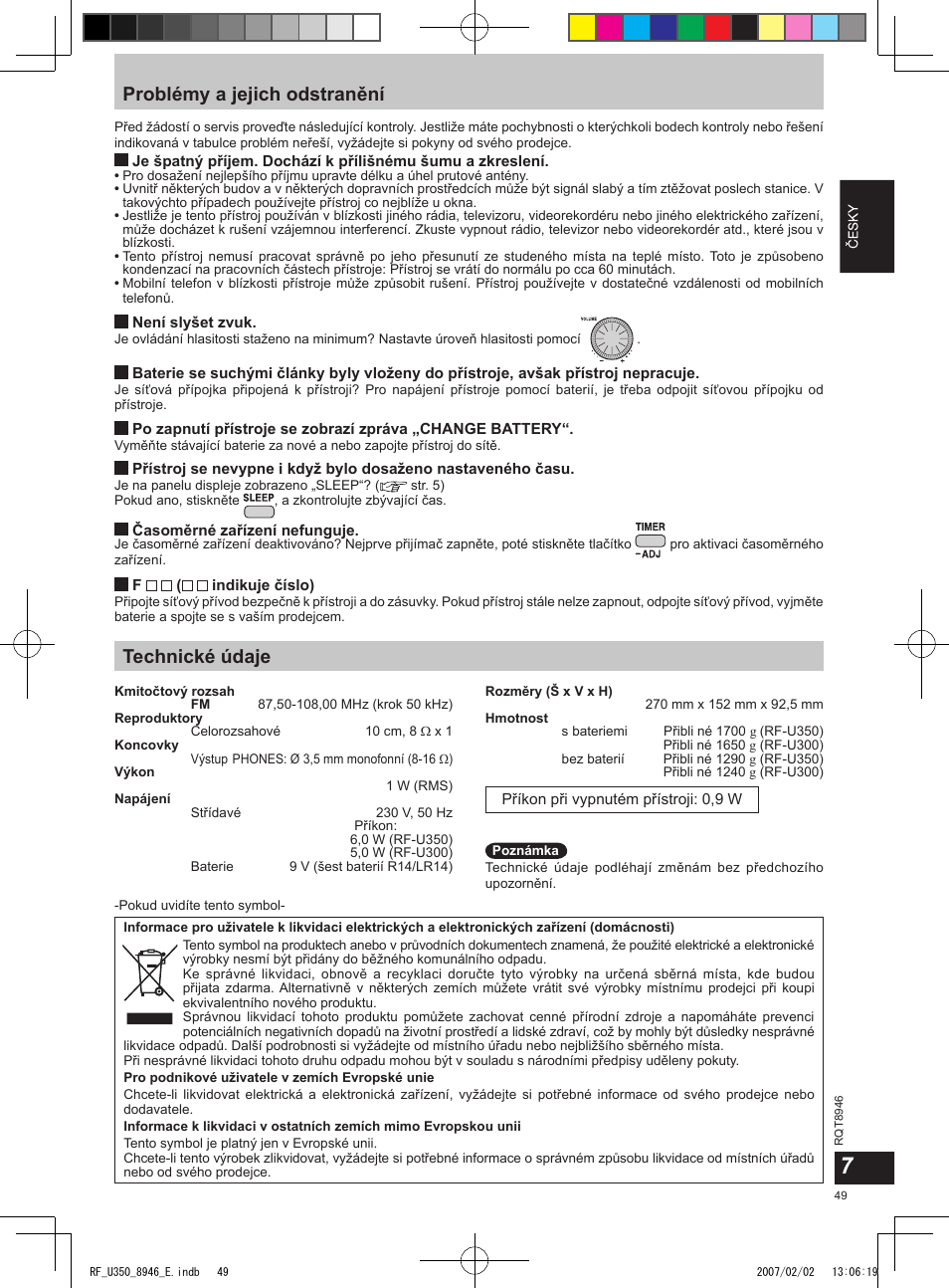 Problémy a jejich odstranění, Technické údaje | Panasonic RFU350 User Manual | Page 49 / 80