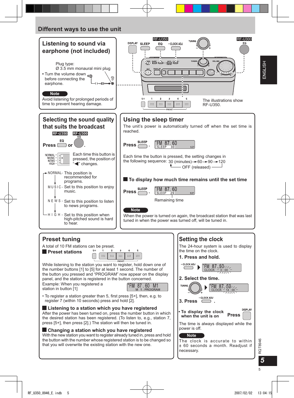 Using the sleep timer, Listening to sound via earphone (not included), Preset tuning | Setting the clock | Panasonic RFU350 User Manual | Page 5 / 80