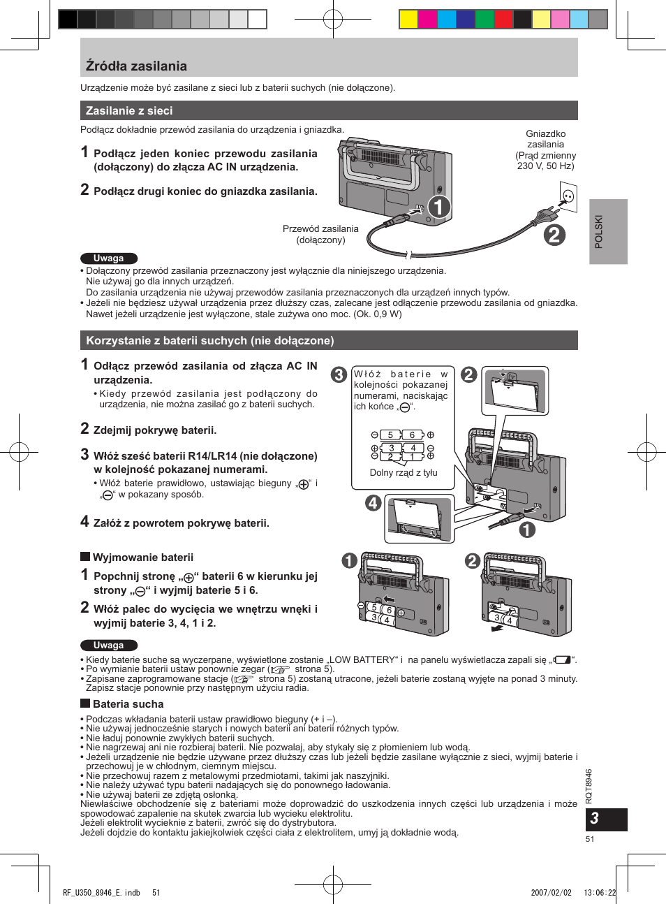 Źródła zasilania | Panasonic RFU350 User Manual | Page 51 / 80