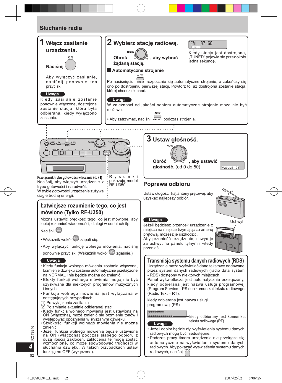 Słuchanie radia, Włącz zasilanie urządzenia, Ustaw głośność | Poprawa odbioru, Wybierz stację radiową, Transmisja systemu danych radiowych (rds) | Panasonic RFU350 User Manual | Page 52 / 80