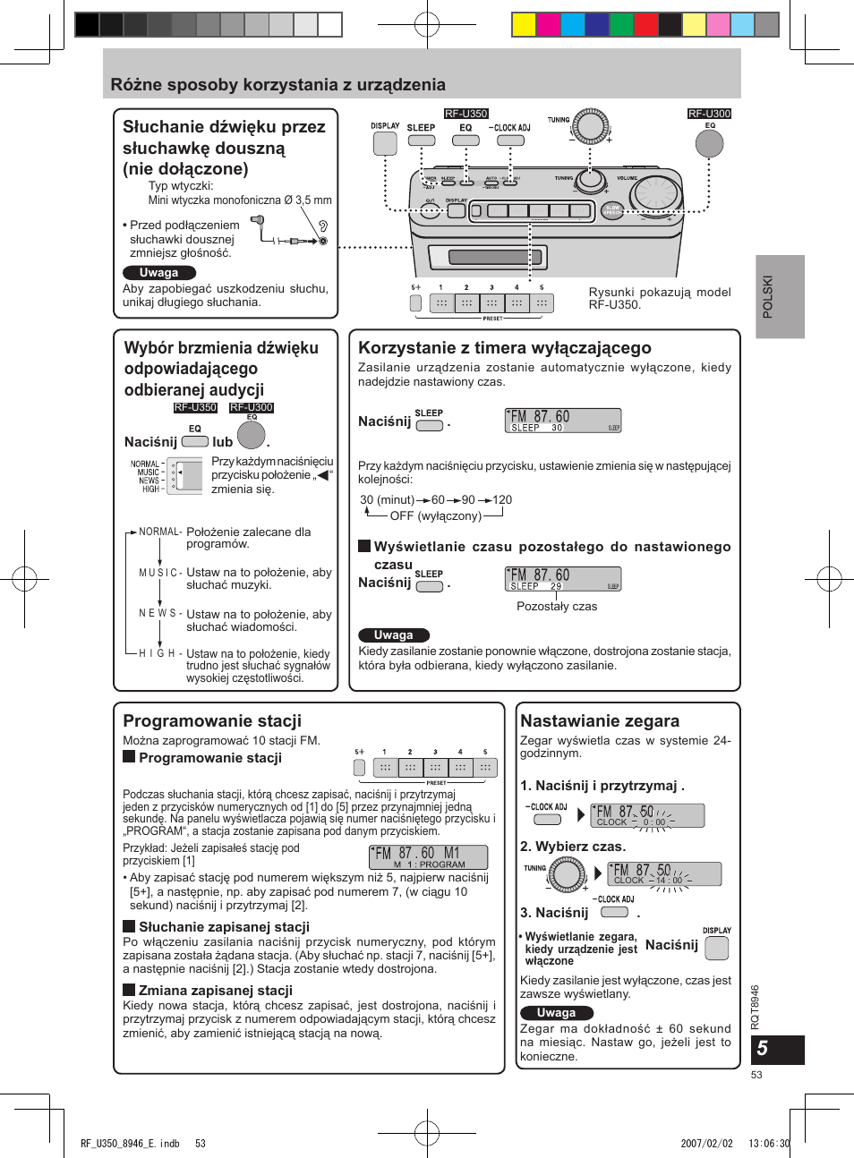 Różne sposoby korzystania z urządzenia, Korzystanie z timera wyłączającego, Programowanie stacji | Nastawianie zegara | Panasonic RFU350 User Manual | Page 53 / 80
