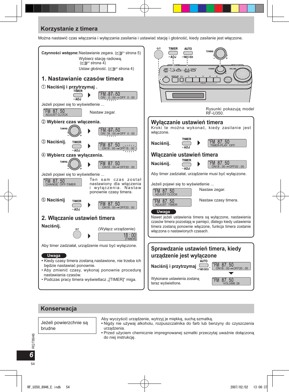 Korzystanie z timera, Konserwacja, Wyłączanie ustawień timera | Nastawianie czasów timera, Włączanie ustawień timera | Panasonic RFU350 User Manual | Page 54 / 80