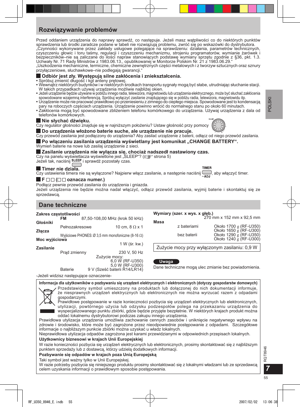 Rozwiązywanie problemów, Dane techniczne | Panasonic RFU350 User Manual | Page 55 / 80