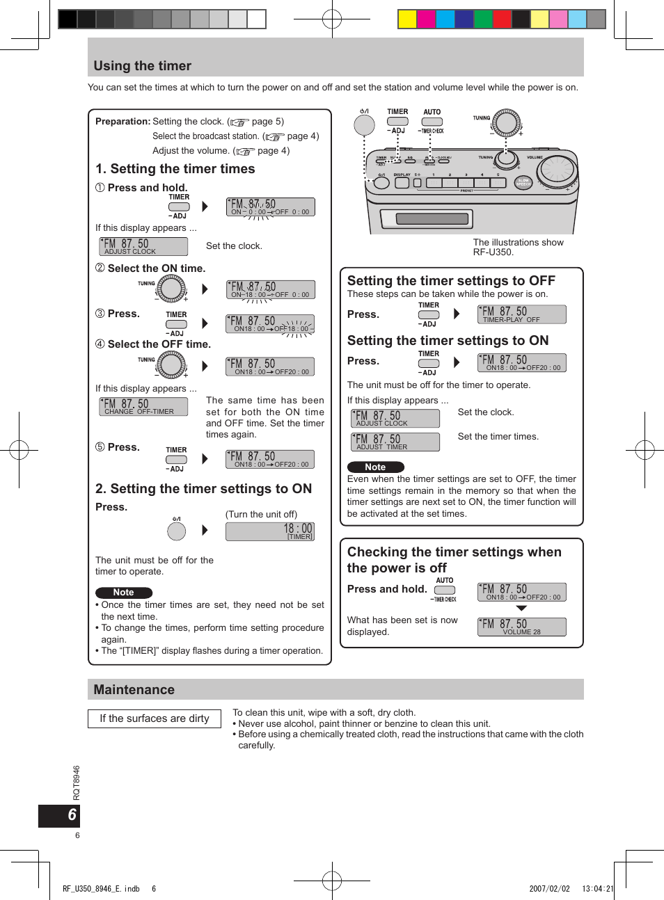 Using the timer, Checking the timer settings when the power is off, Setting the timer settings to off | Maintenance, Setting the timer times, Setting the timer settings to on | Panasonic RFU350 User Manual | Page 6 / 80