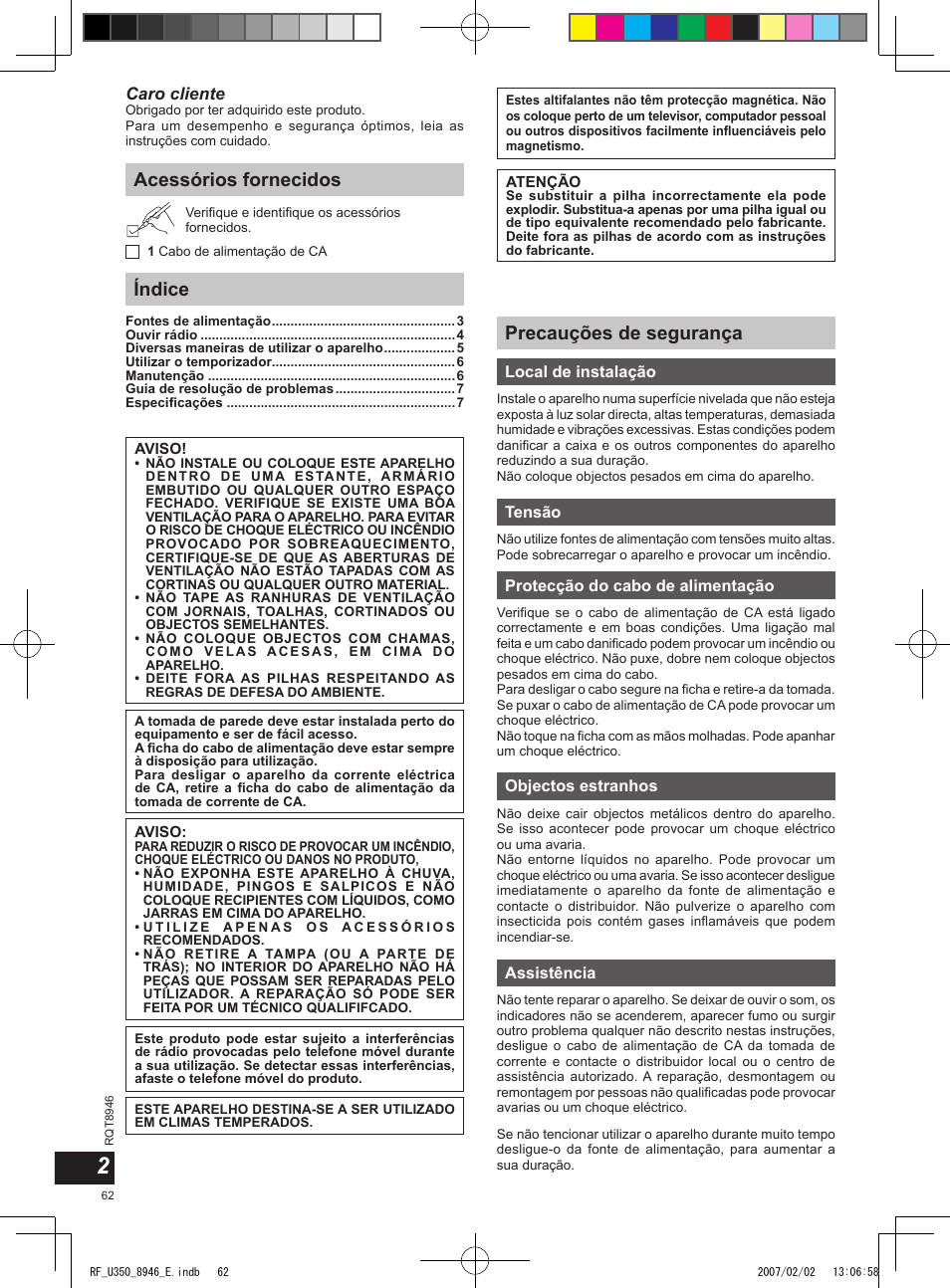 Acessórios fornecidos índice, Precauções de segurança, Caro cliente | Panasonic RFU350 User Manual | Page 62 / 80