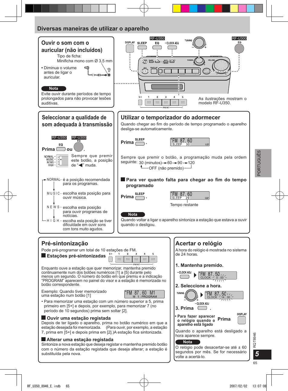 Diversas maneiras de utilizar o aparelho, Utilizar o temporizador do adormecer, Ouvir o som com o auricular (não incluídos) | Pré-sintonização, Acertar o relógio | Panasonic RFU350 User Manual | Page 65 / 80