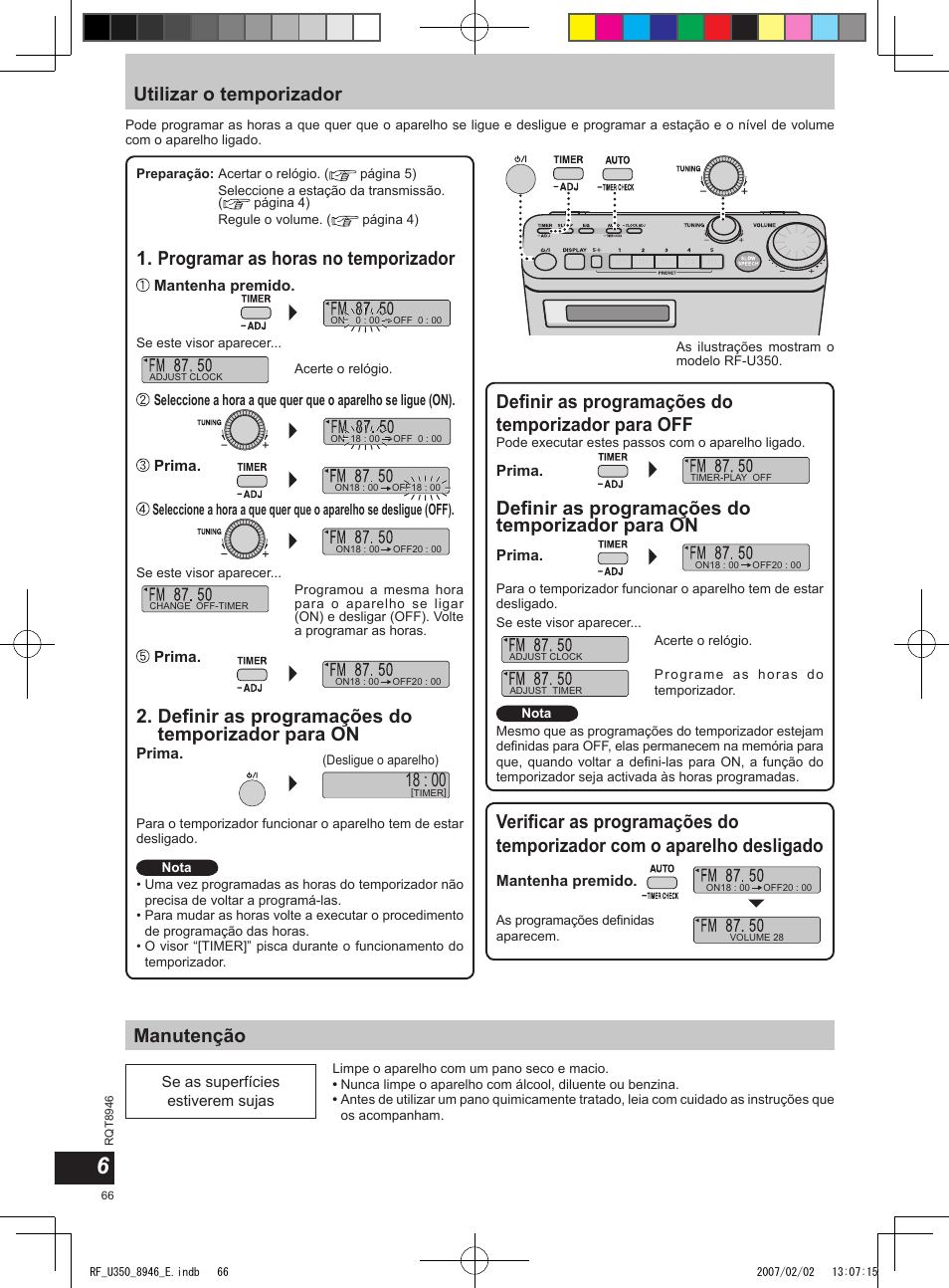 Utilizar o temporizador, Manutenção, Deﬁnir as programações do temporizador para off | Programar as horas no temporizador, Deﬁnir as programações do temporizador para on | Panasonic RFU350 User Manual | Page 66 / 80