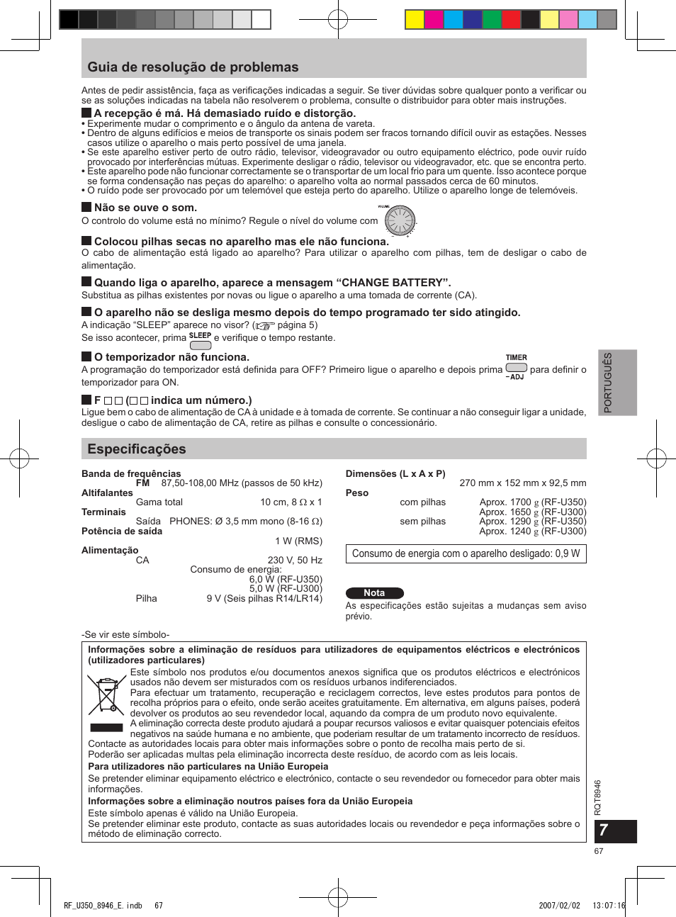 Guia de resolução de problemas, Especiﬁcações | Panasonic RFU350 User Manual | Page 67 / 80