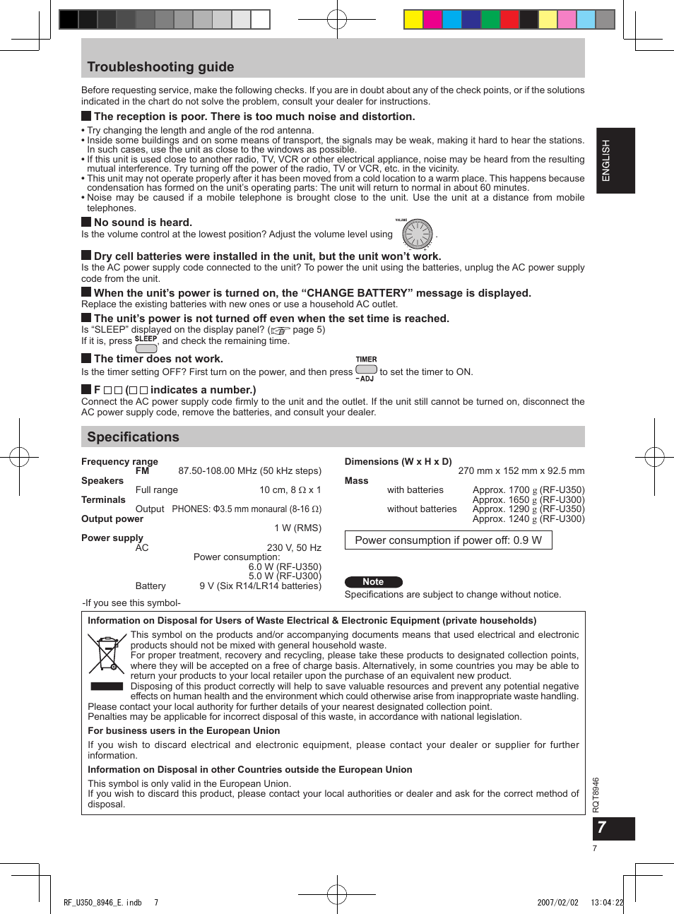 Troubleshooting guide, Speciﬁcations | Panasonic RFU350 User Manual | Page 7 / 80