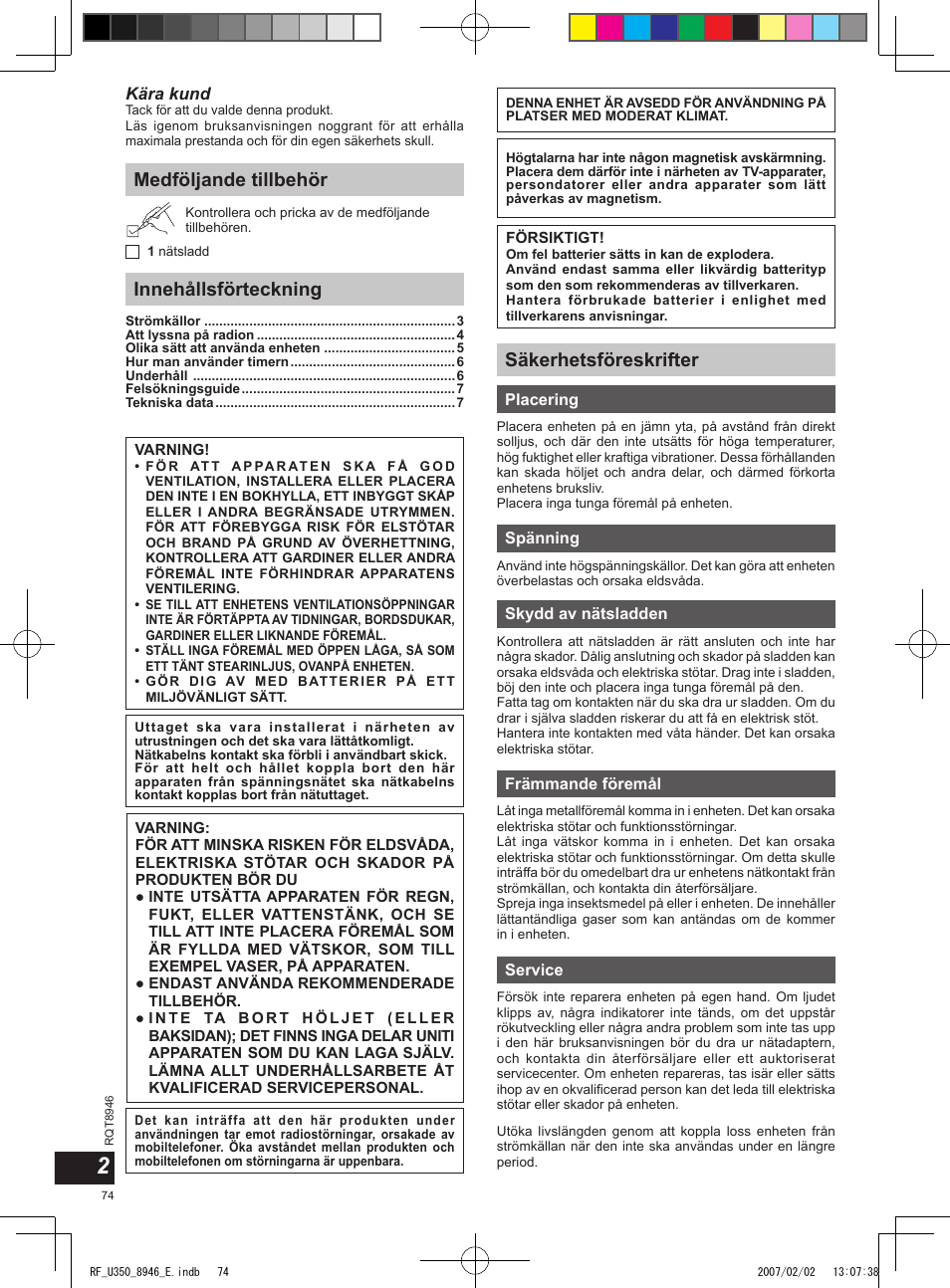 Medföljande tillbehör innehållsförteckning, Säkerhetsföreskrifter | Panasonic RFU350 User Manual | Page 74 / 80