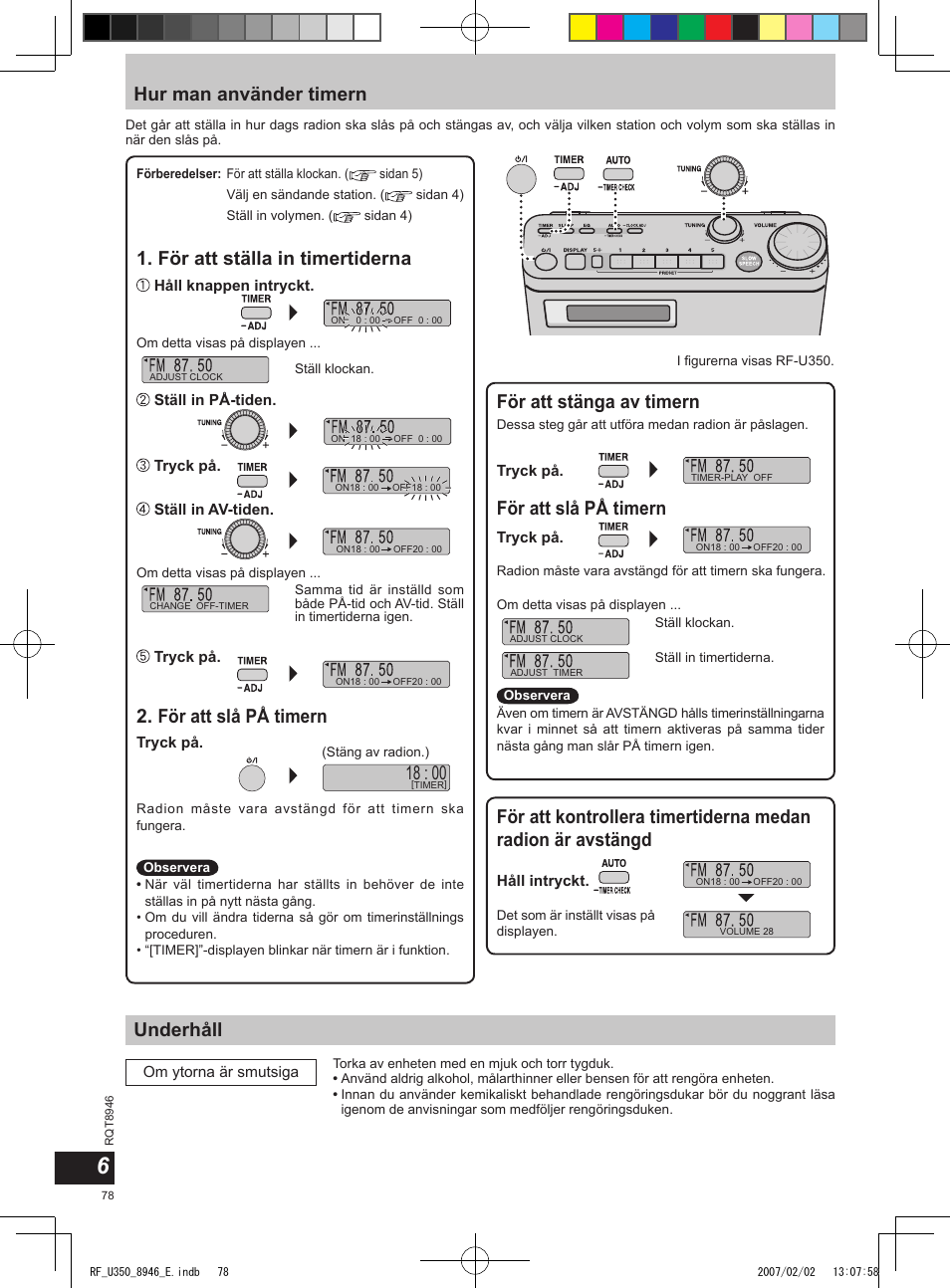 Hur man använder timern, Underhåll, För att stänga av timern | För att ställa in timertiderna, För att slå på timern | Panasonic RFU350 User Manual | Page 78 / 80