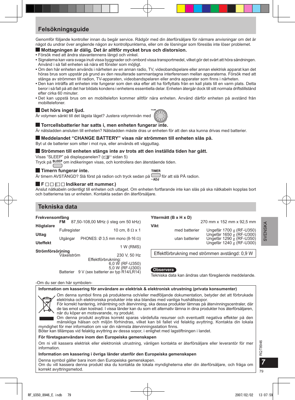 Felsökningsguide, Tekniska data | Panasonic RFU350 User Manual | Page 79 / 80