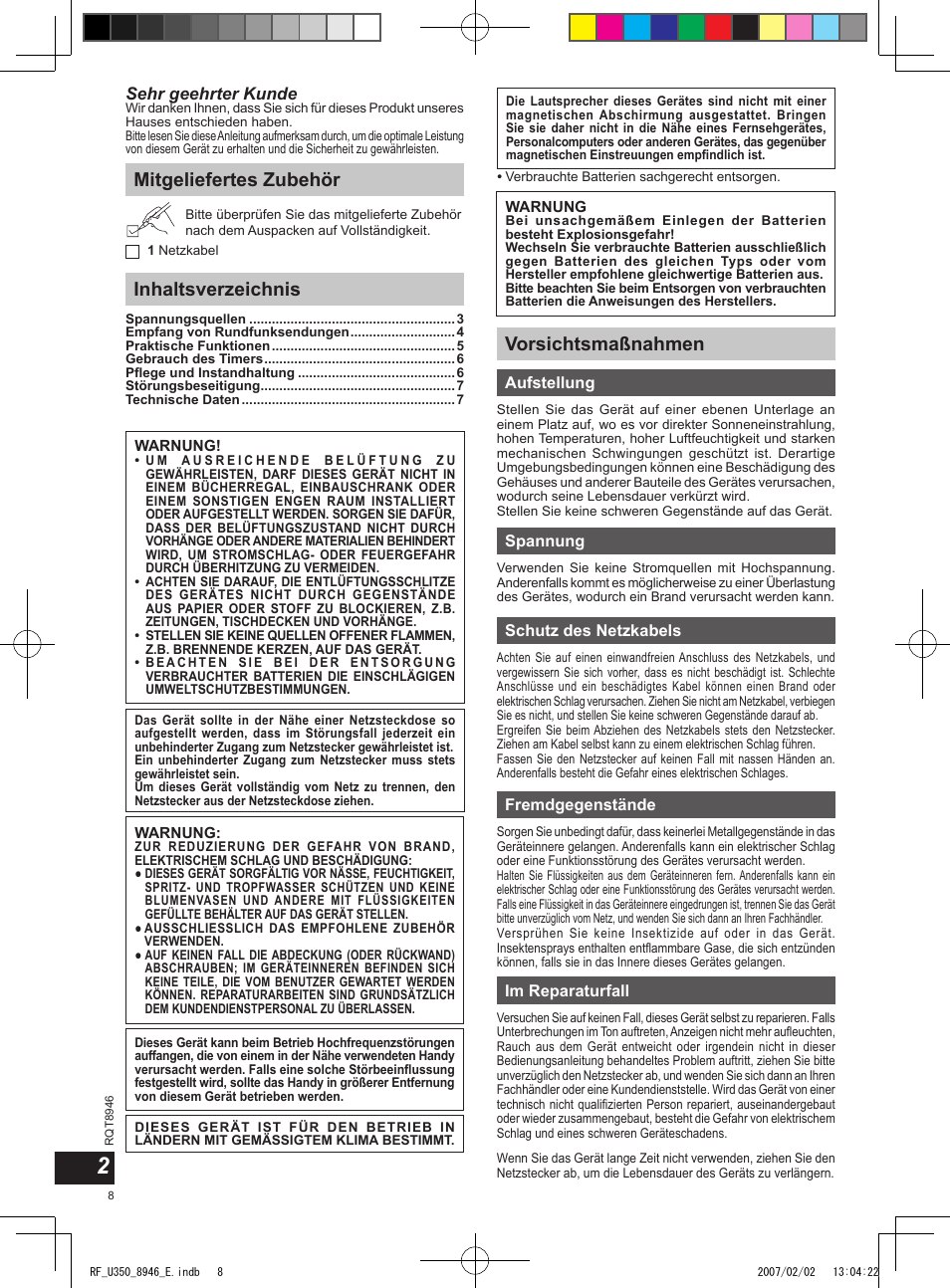 Mitgeliefertes zubehör inhaltsverzeichnis, Vorsichtsmaßnahmen, Sehr geehrter kunde | Panasonic RFU350 User Manual | Page 8 / 80