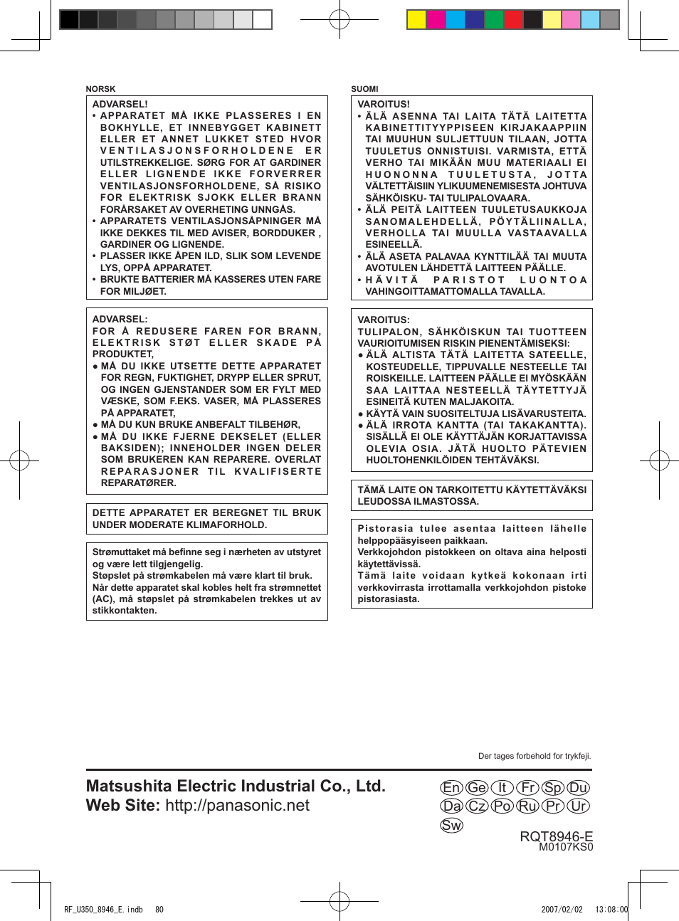 Ur po da sw ru pr du sp it ge en fr cz rqt8946-e | Panasonic RFU350 User Manual | Page 80 / 80