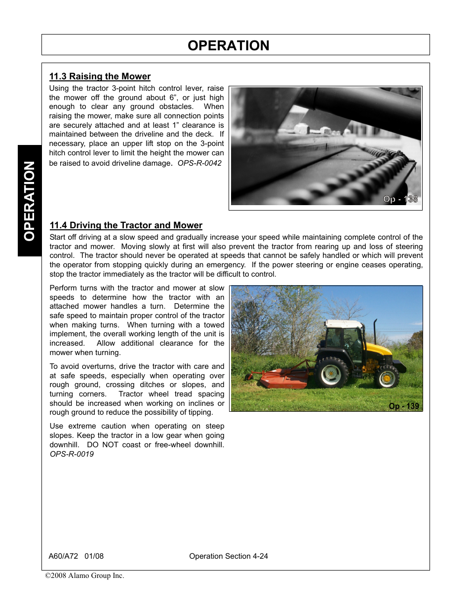 3 raising the mower, 4 driving the tractor and mower, Operation | Opera t ion | Alamo A72 User Manual | Page 110 / 138