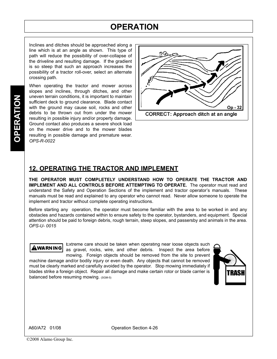 Operating the tractor and implement, Operating the tractor and implement -26, Operation | Opera t ion | Alamo A72 User Manual | Page 112 / 138