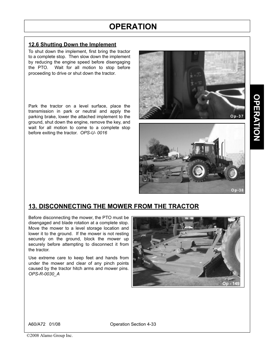 6 shutting down the implement, Disconnecting the mower from the tractor, Operation | Opera t ion | Alamo A72 User Manual | Page 119 / 138