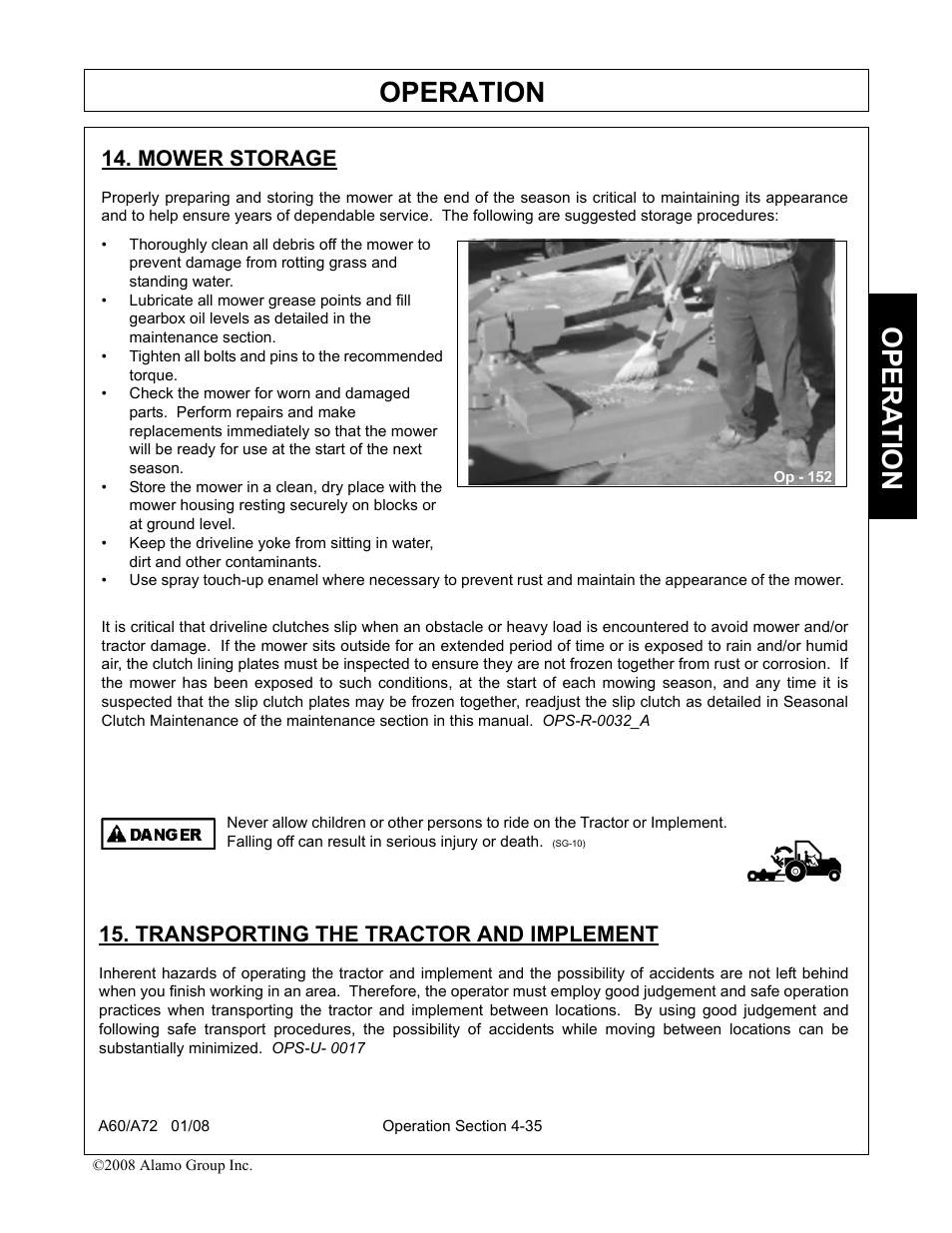 Mower storage, Transporting the tractor and implement, Operation | Opera t ion | Alamo A72 User Manual | Page 121 / 138