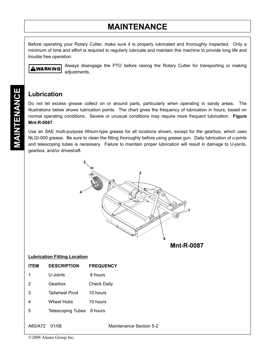 Lubrication, Lubrication -2, Maintenance | Alamo A72 User Manual | Page 130 / 138