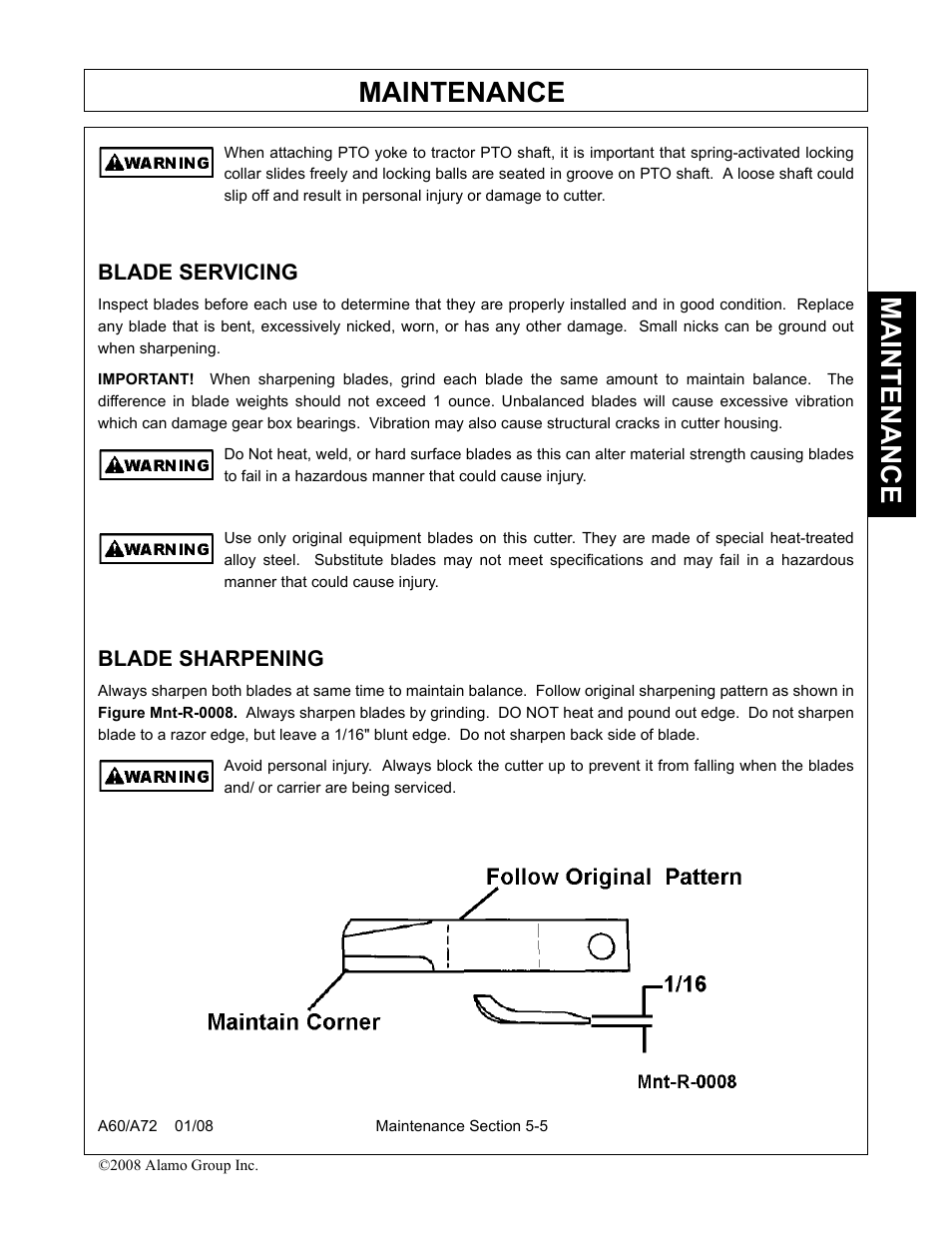 Blade servicing, Blade sharpening, Blade servicing -5 blade sharpening -5 | Maintenance | Alamo A72 User Manual | Page 133 / 138