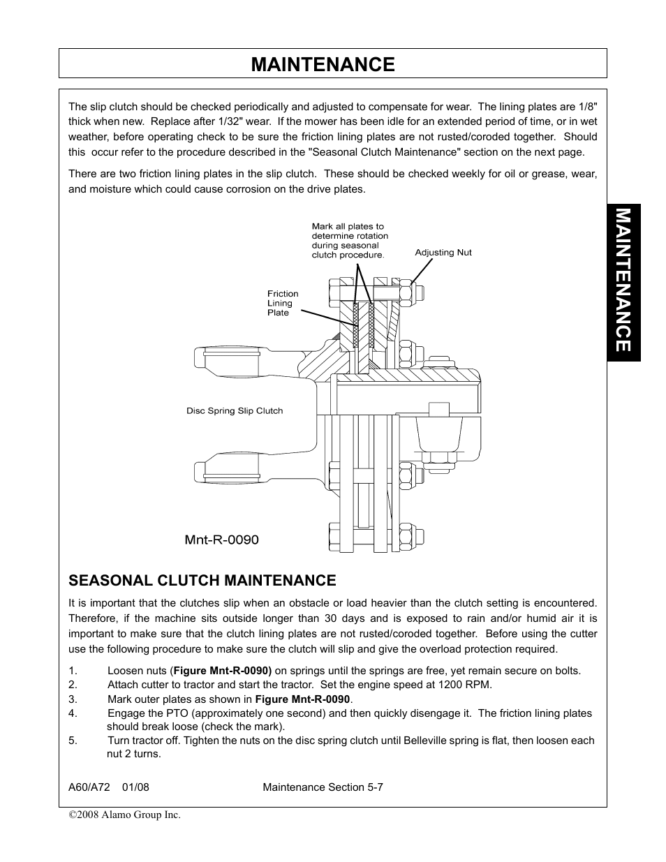 Seasonal clutch maintenance, Mark outer plates as shown in figure mnt-r-0090, Seasonal clutch maintenance -7 | Maintenance | Alamo A72 User Manual | Page 135 / 138