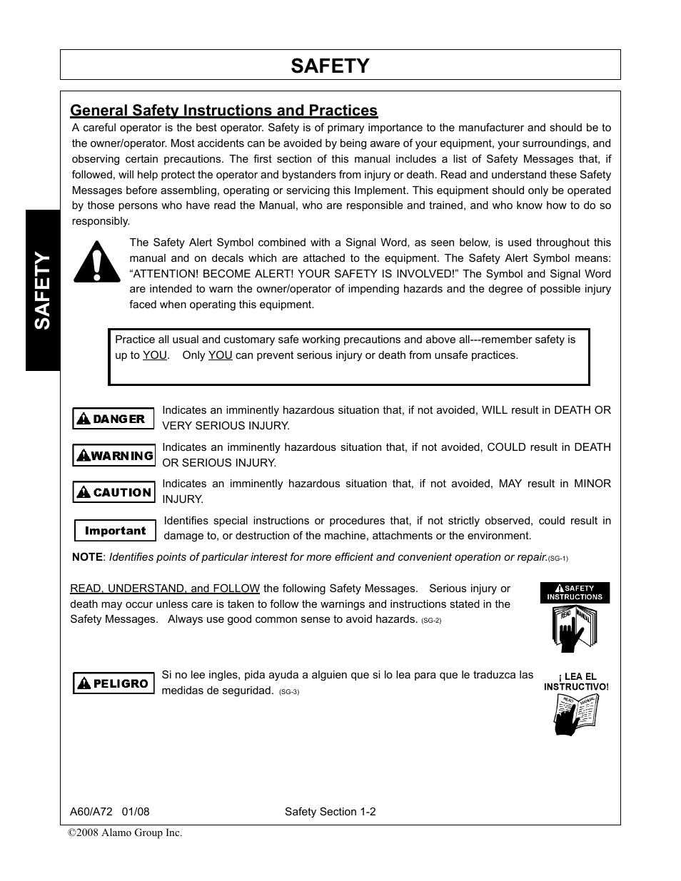 General safety instructions and practices, General safety instructions and practices -2, Safety | Alamo A72 User Manual | Page 8 / 138