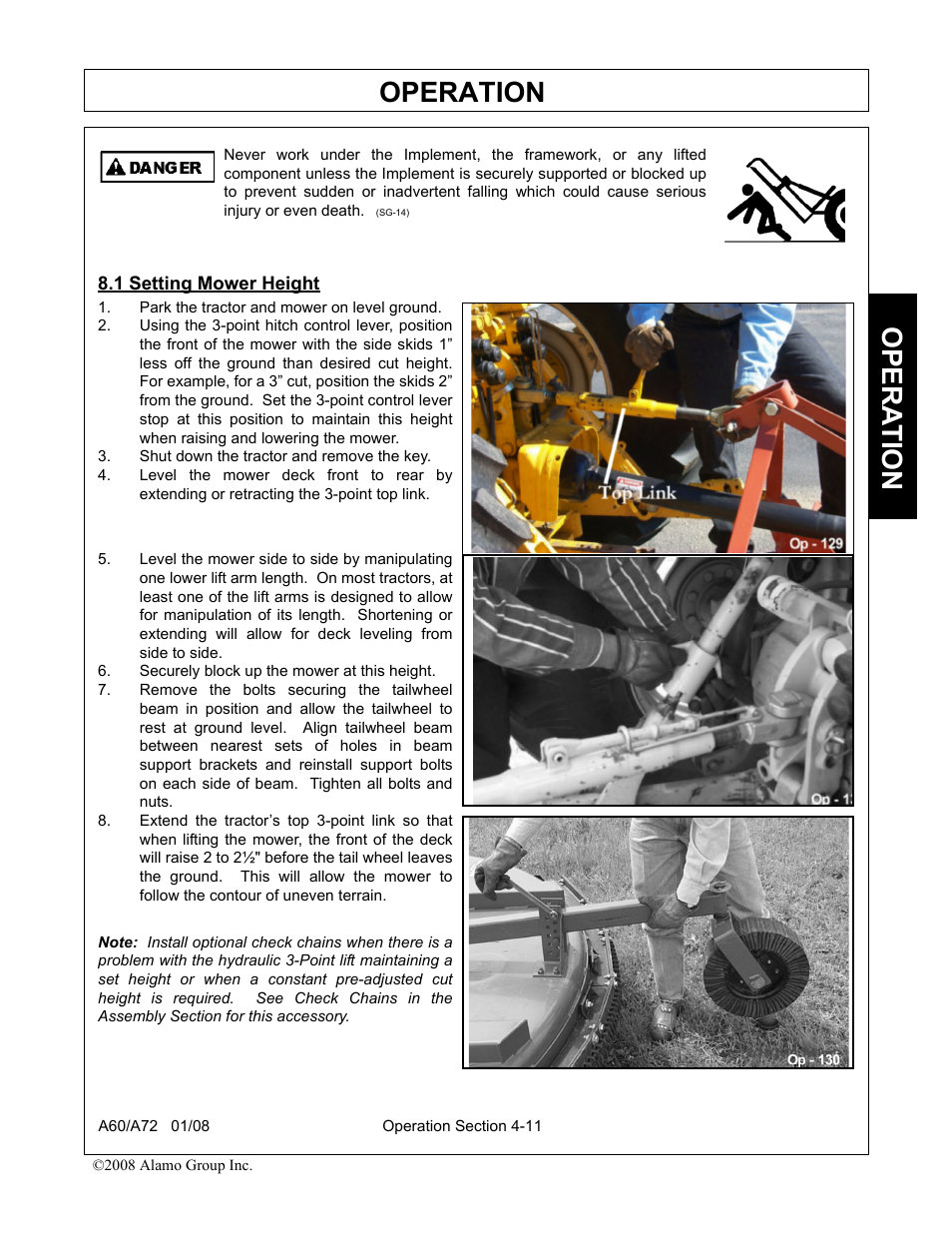 1 setting mower height, Park the tractor and mower on level ground, Shut down the tractor and remove the key | Securely block up the mower at this height, Setting mower height -11, Operation, Opera t ion | Alamo A72 User Manual | Page 97 / 138