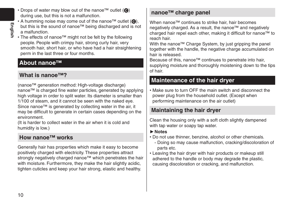 Aboutnanoe, Maintenanceofthehairdryer | Panasonic EHNA65 User Manual | Page 10 / 68