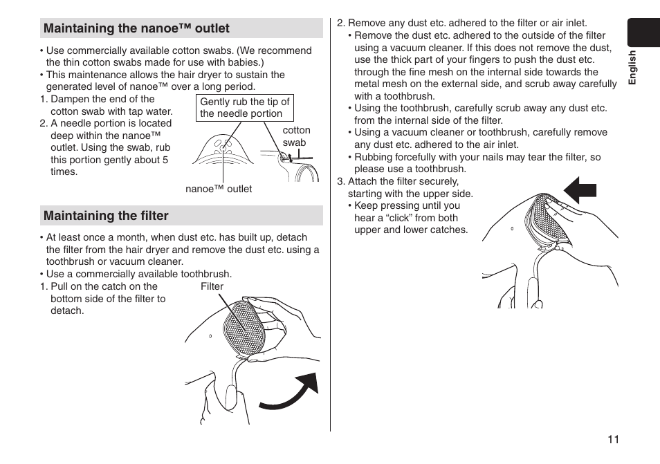 Maintainingthenanoe™outlet, Maintainingthefilter | Panasonic EHNA65 User Manual | Page 11 / 68