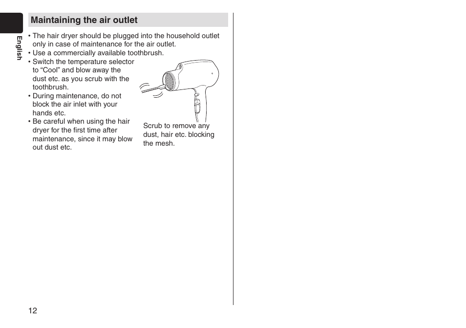 Maintainingtheairoutlet | Panasonic EHNA65 User Manual | Page 12 / 68