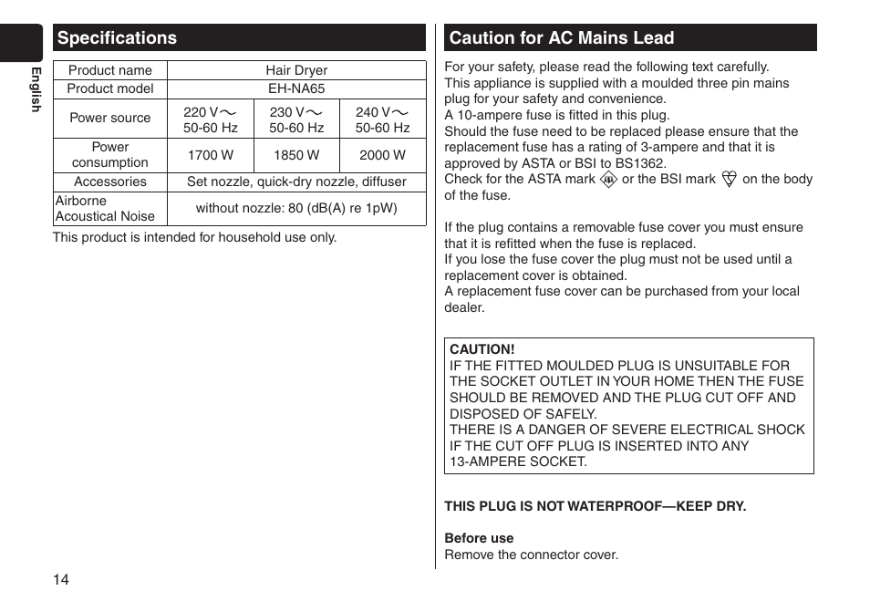Specifications, Cautionforacmainslead | Panasonic EHNA65 User Manual | Page 14 / 68