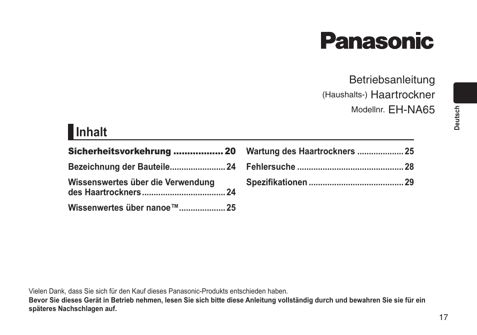 Inhalt, Betriebsanleitung, Haartrockner | Eh‑na65 | Panasonic EHNA65 User Manual | Page 17 / 68
