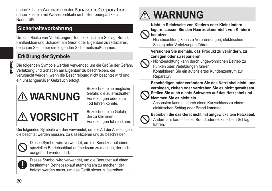 Warnung, Vorsicht, Sicherheitsvorkehrung | Panasonic EHNA65 User Manual | Page 20 / 68