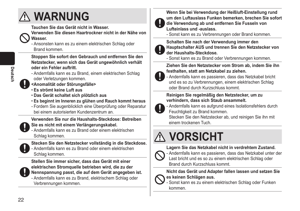 Warnung, Vorsicht | Panasonic EHNA65 User Manual | Page 22 / 68