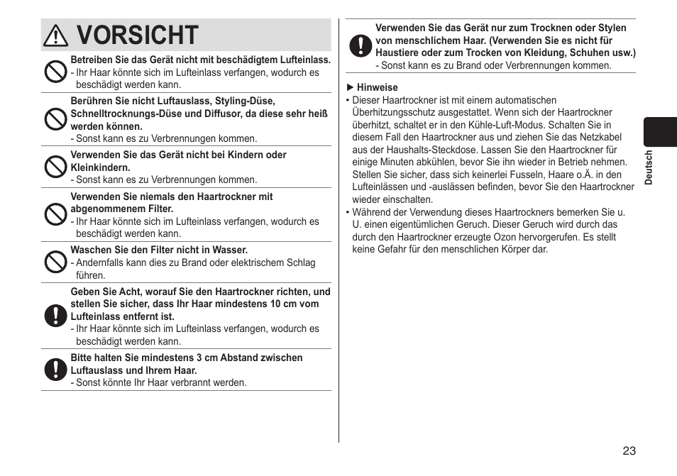Vorsicht | Panasonic EHNA65 User Manual | Page 23 / 68