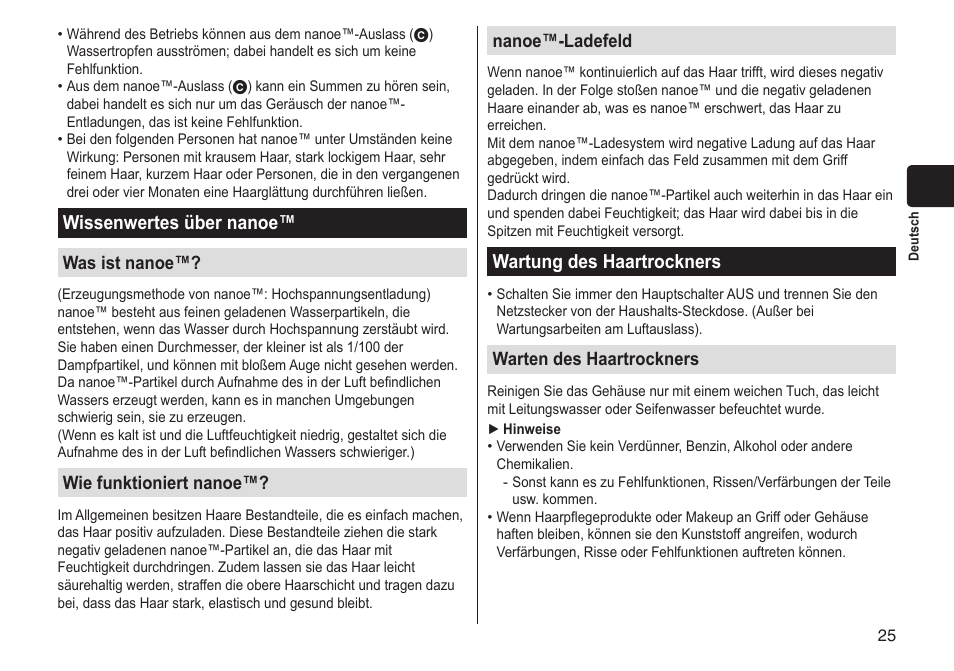 Wissenwertesübernanoe, Wartungdeshaartrockners, Wasistnanoe | Wiefunktioniertnanoe, Nanoe™-ladefeld, Wartendeshaartrockners | Panasonic EHNA65 User Manual | Page 25 / 68