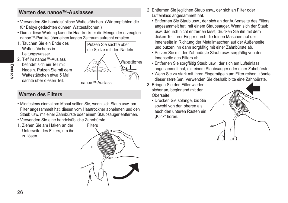 Wartendesnanoe™-auslasses, Wartendesfilters | Panasonic EHNA65 User Manual | Page 26 / 68