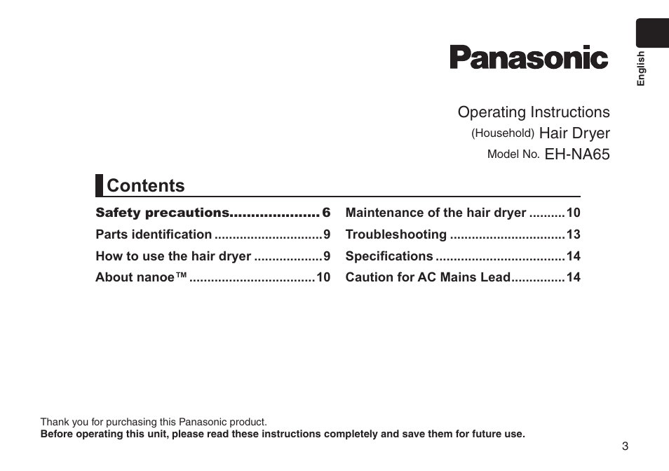 Panasonic EHNA65 User Manual | Page 3 / 68