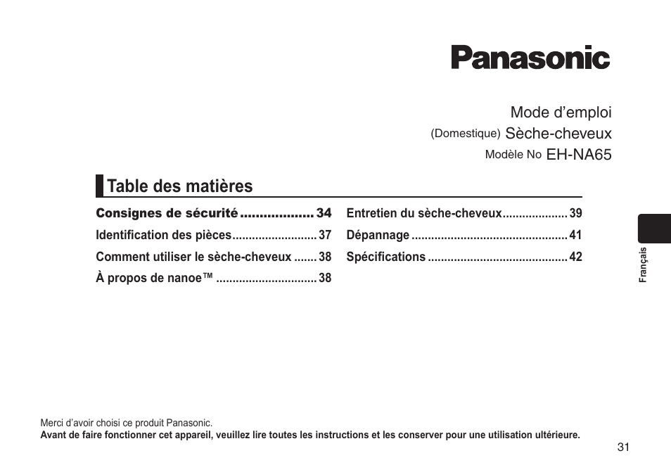 Panasonic EHNA65 User Manual | Page 31 / 68