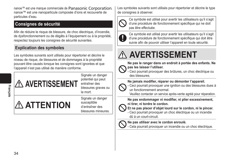 Avertissement, Attention | Panasonic EHNA65 User Manual | Page 34 / 68