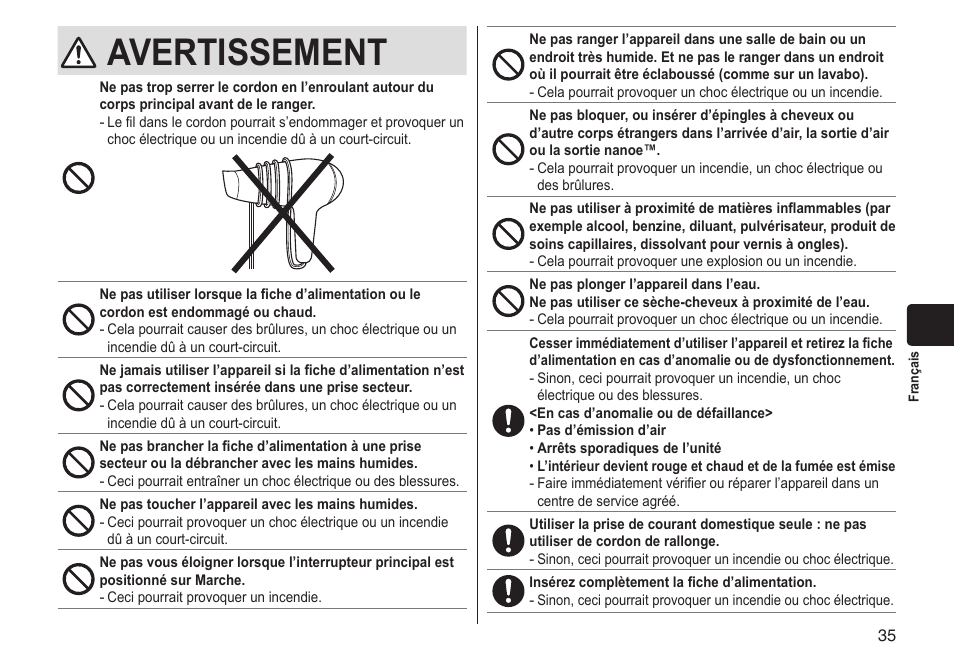 Avertissement | Panasonic EHNA65 User Manual | Page 35 / 68