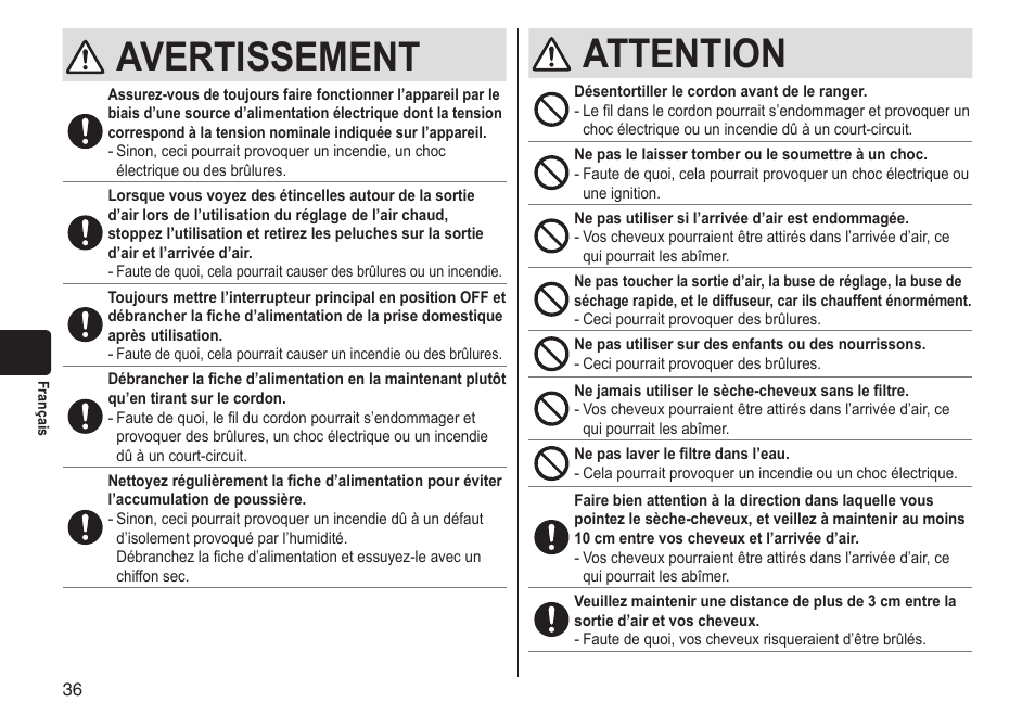 Avertissement, Attention | Panasonic EHNA65 User Manual | Page 36 / 68