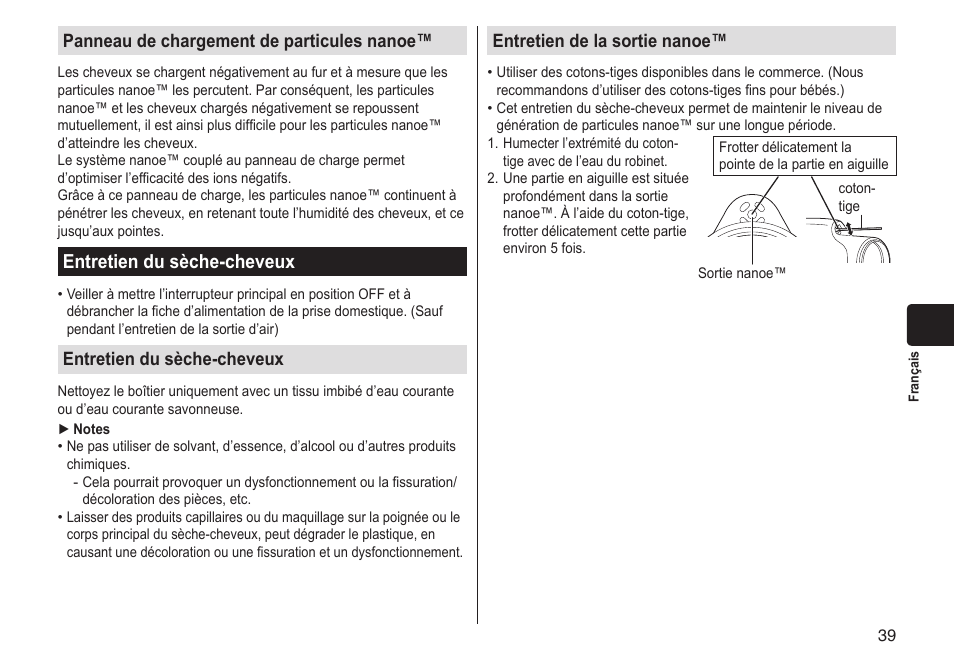 Entretiendusèche-cheveux, Panneaudechargementdeparticulesnanoe, Entretiendelasortienanoe | Panasonic EHNA65 User Manual | Page 39 / 68