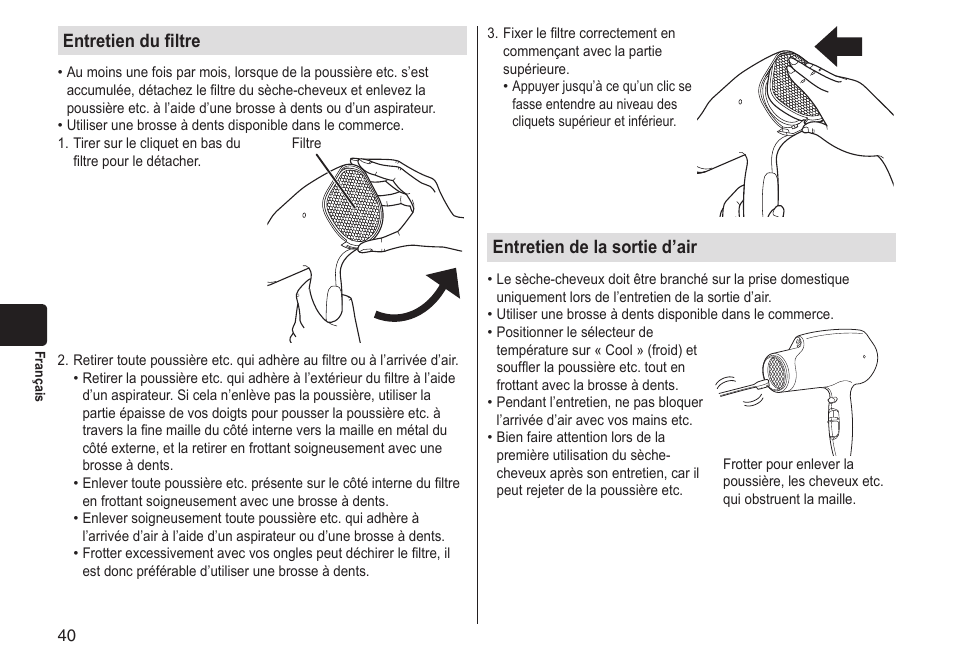 Entretiendufiltre, Entretiendelasortied’air | Panasonic EHNA65 User Manual | Page 40 / 68