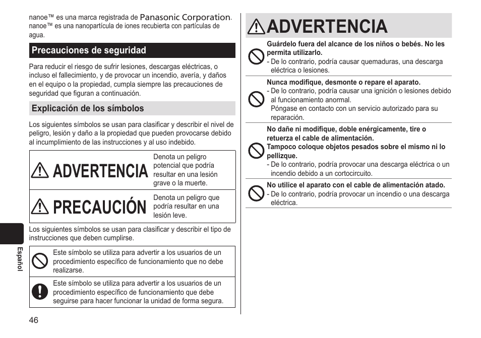 Advertencia, Precaución, Precaucionesdeseguridad | Panasonic EHNA65 User Manual | Page 46 / 68