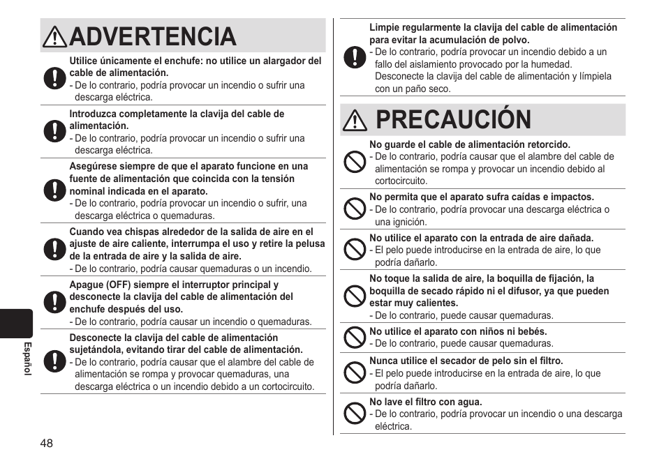 Advertencia, Precaución | Panasonic EHNA65 User Manual | Page 48 / 68
