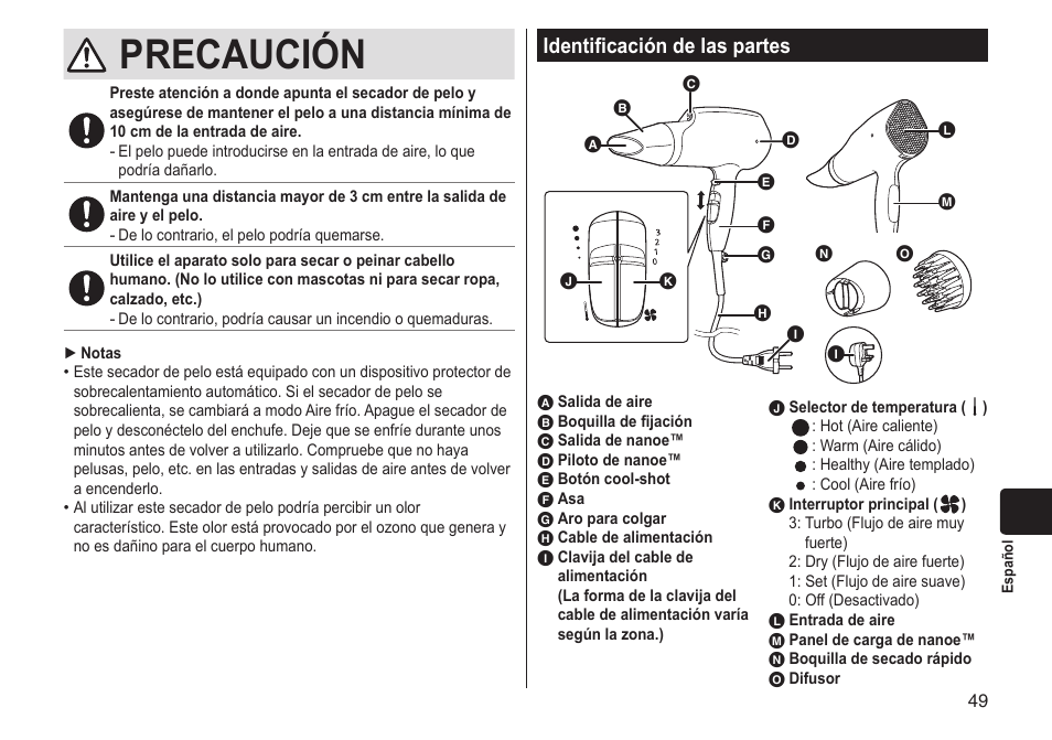 Precaución, Identificacióndelaspartes | Panasonic EHNA65 User Manual | Page 49 / 68